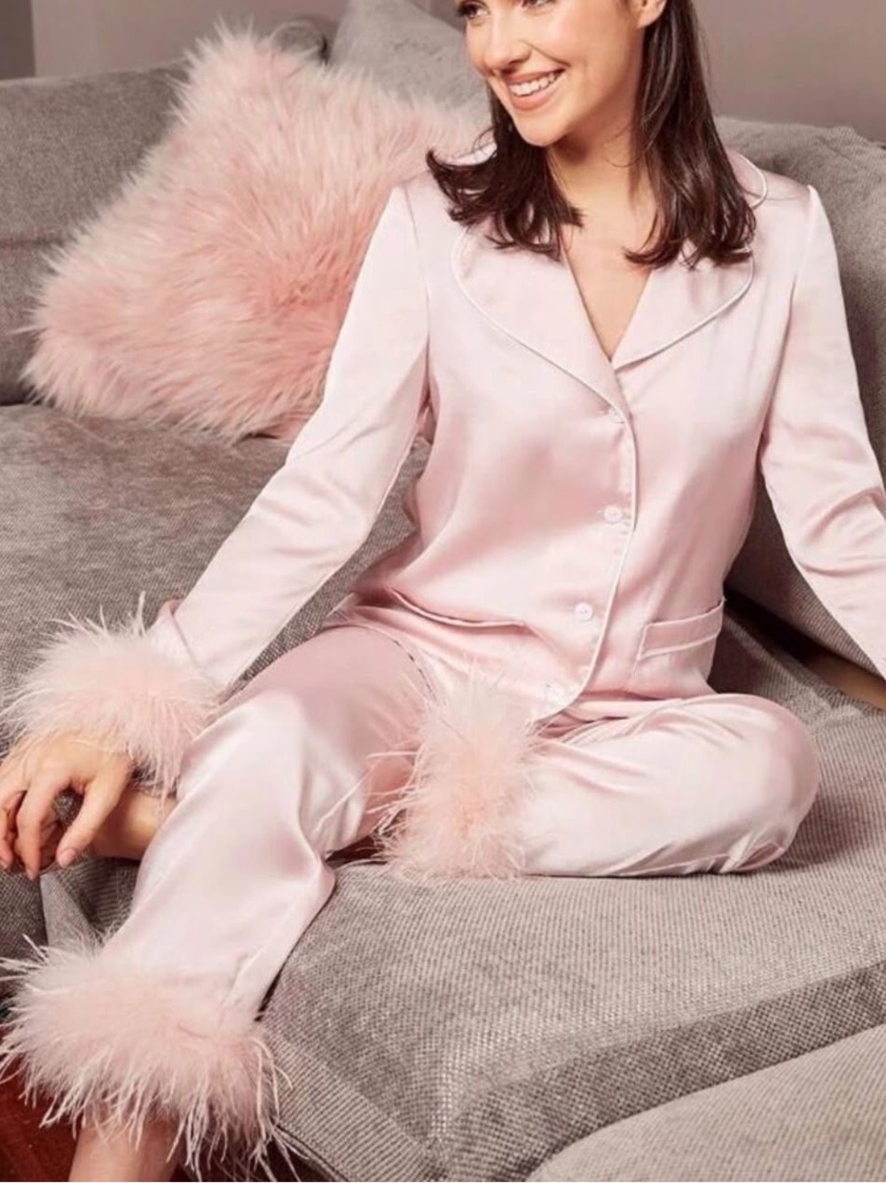 NWT Nadine Merabi Darcie Pink Feather Pajama Set XS